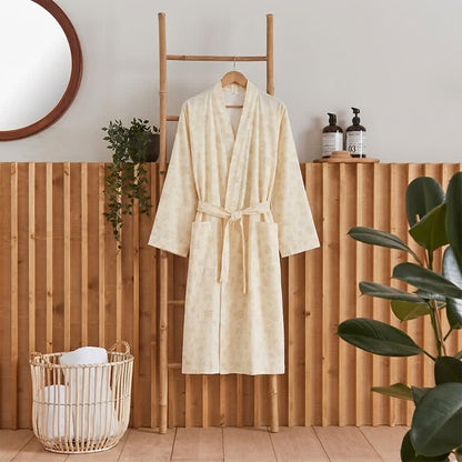 Gelber Kimono-Bademantel aus Baumwollgaze mit botanischem Motiv - Hellgelb - XL - image 0