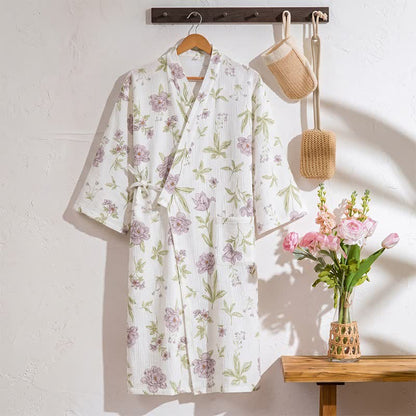 Kimono-Bademantel aus Baumwolle mit violettem Blumenmuster - Weiß - L - image 0