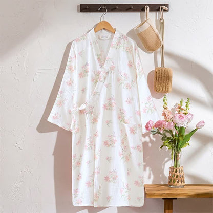 Kimono-Bademantel aus reiner Baumwolle mit rosa Blumenmuster - Weiß - XL - image 0