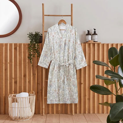 Kimono-Bademantel aus geblümtem Baumwollgaze mit Tasche - Beige - XL - image 0