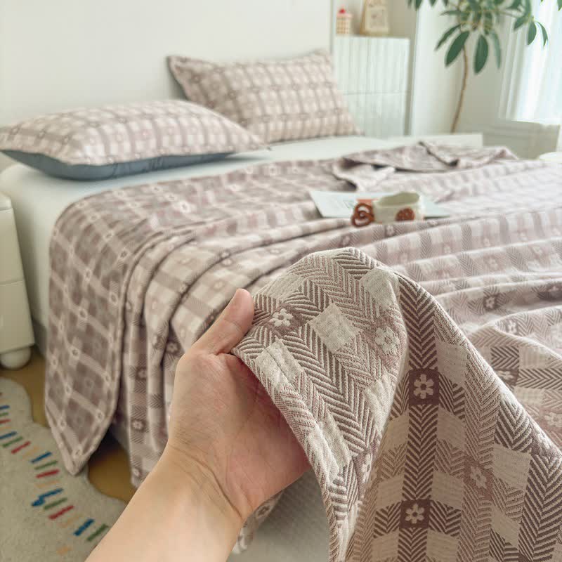 Baumwoll-Steppdecke mit Blumen- und Karomuster (Jacquard) - image 4
