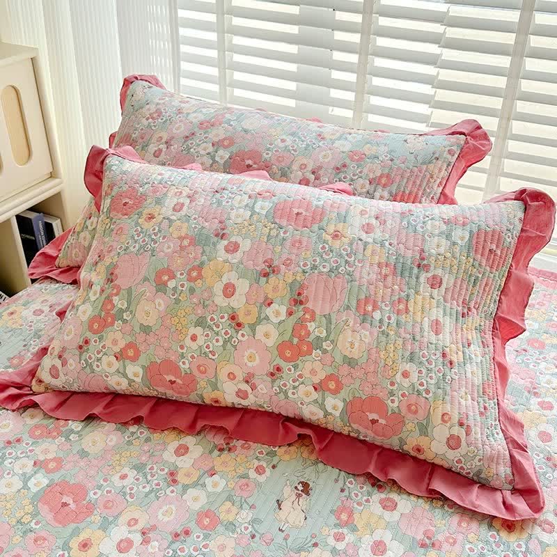 Rüschen-Tagesdecke aus rosa Baumwollköper mit Blumenmuster - 2 Kissenbezüge - 48cm x 74cm - image 5