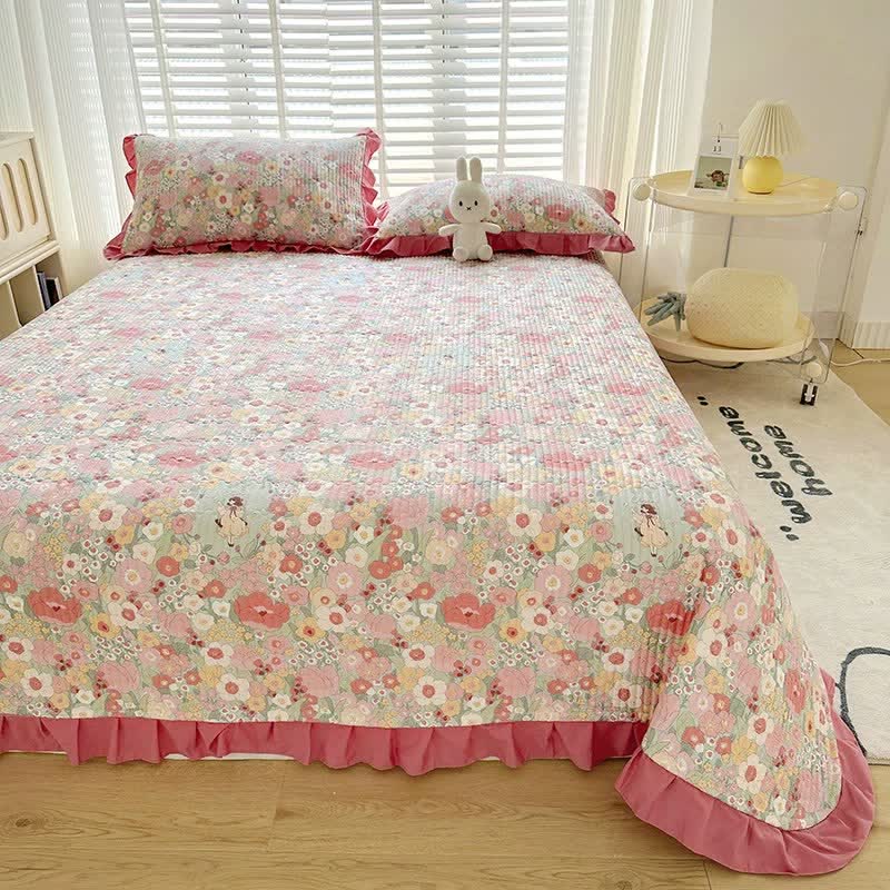Rüschen-Tagesdecke aus rosa Baumwollköper mit Blumenmuster - Tagesdecke - König - image 0