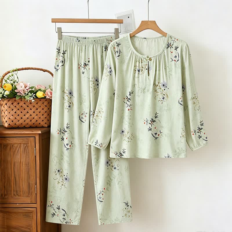 Hellgrüner, geblümter Langarm-Pyjama - Grün - XXL - image 0