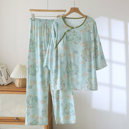 Orientalischer traditioneller Damenpyjama mit Blumenmuster - Grün - XXL - image 0