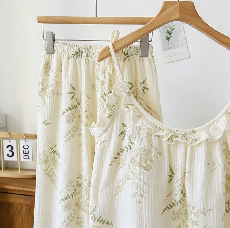 Baumwoll-Cami-Pyjama mit Rüschen und botanischem Blattmuster - image 2