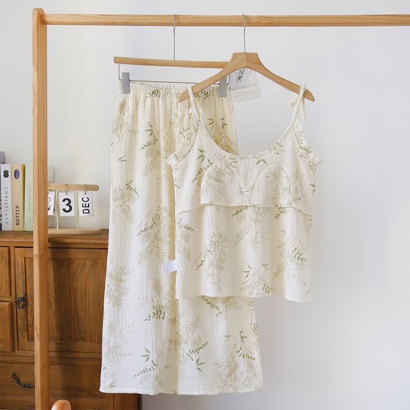 Baumwoll-Cami-Pyjama mit Rüschen und botanischem Blattmuster - image 1