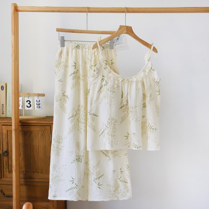 Baumwoll-Cami-Pyjama mit Rüschen und botanischem Blattmuster - Beige - XL - image 0