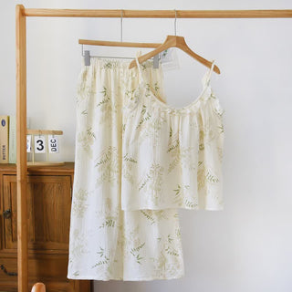 Baumwoll-Cami-Pyjama mit Rüschen und botanischem Blattmuster - Beige - XL - image 0