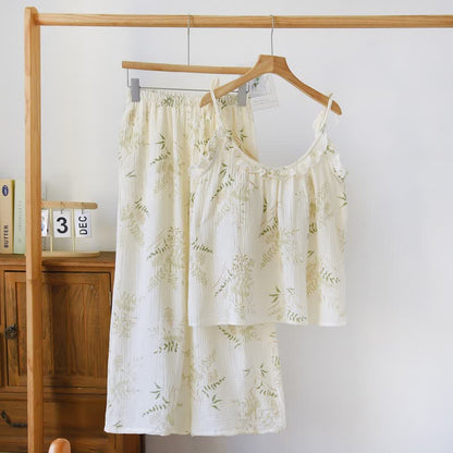 Baumwoll-Cami-Pyjama mit Rüschen und botanischem Blattmuster - Beige - XL - image 0