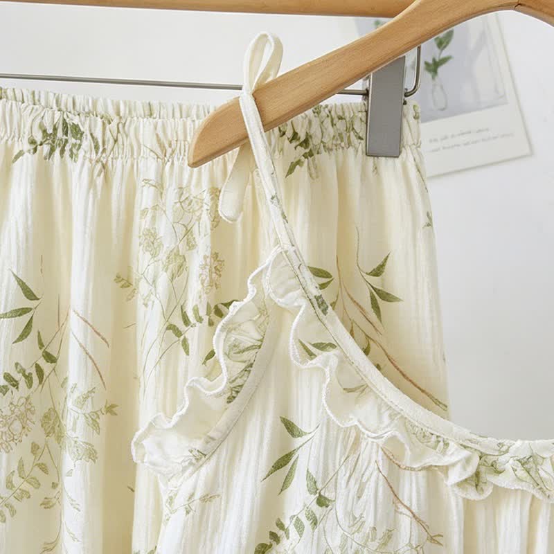 Baumwoll-Cami-Pyjama mit Rüschen und botanischem Blattmuster - image 3