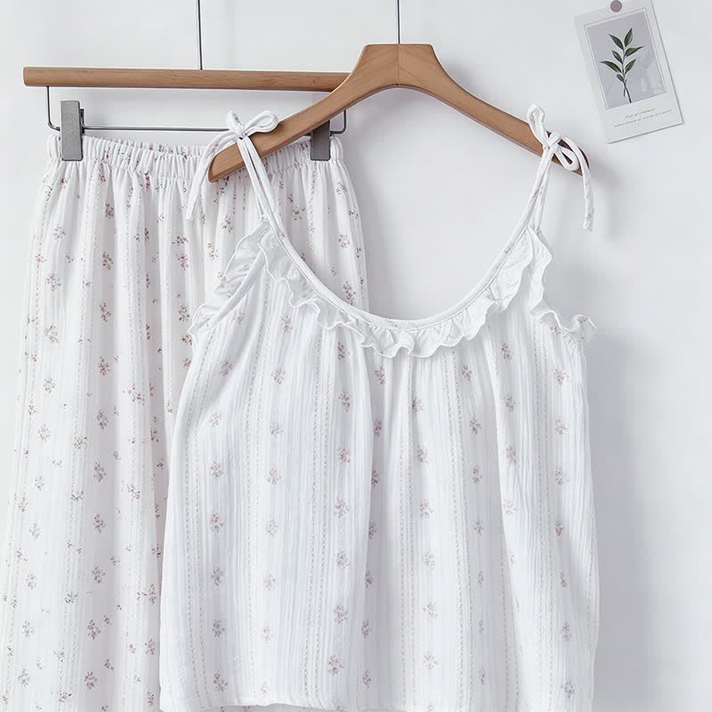 Rüschen-Pyjama mit Streifen und Blumenmuster aus Baumwolle - image 2