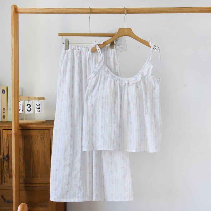 Rüschen-Pyjama mit Streifen und Blumenmuster aus Baumwolle - Blau - XL - image 0