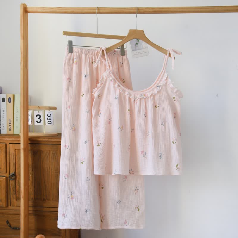 Rüschen-Baumwoll-Cami-Pyjama mit zartem Blumenmuster - Rosa - XL - image 0