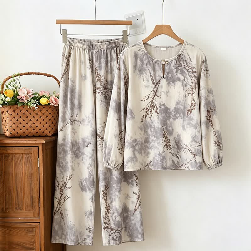 Orientalischer Zweig Langarm-Pyjama-Set - Grau - XXL - image 0
