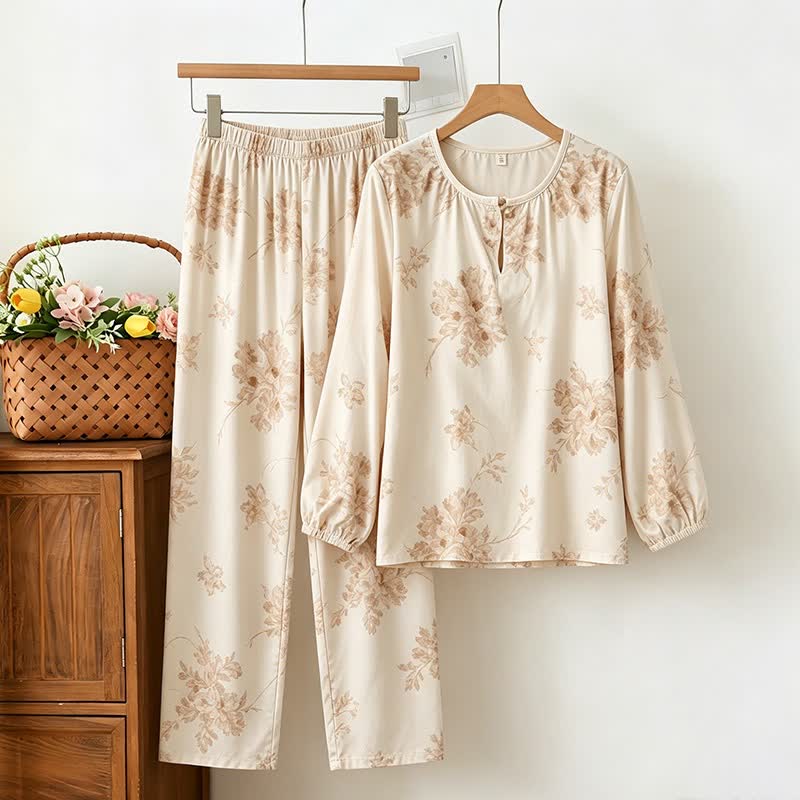 Eleganter Damenpyjama mit Blumenmuster und langen Ärmeln - Beige - XXL - image 0