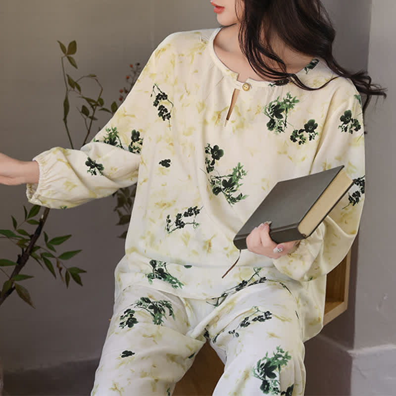 Langärmliger Damenpyjama mit ländlichem Blumenmuster - Beige - XXL - image 5