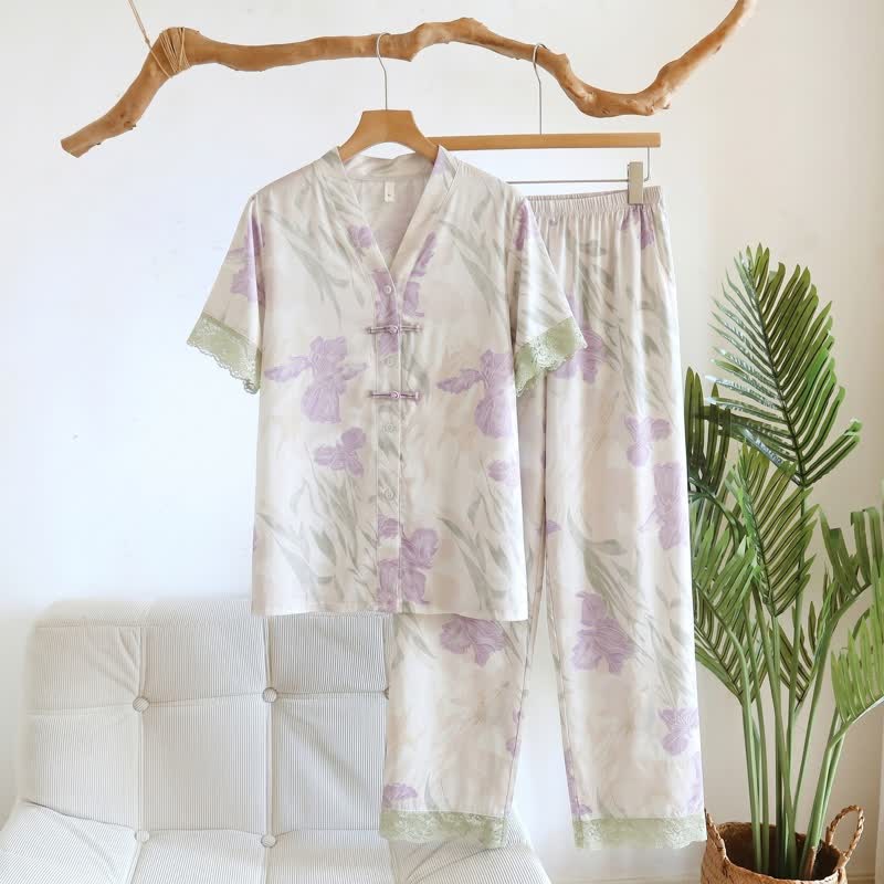 Loungewear-Set für Damen mit Blumenmuster und Stehkragen - Beige - 3XL - image 0