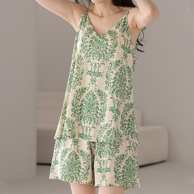 Ärmelloser Damenpyjama mit Vintage-Grünmuster - image 4