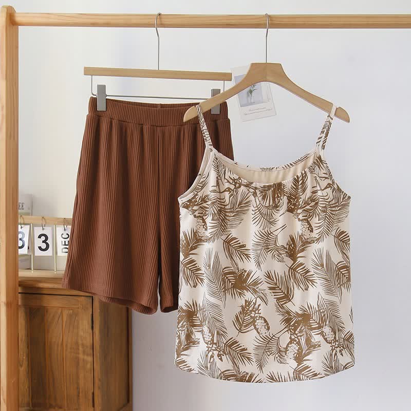 Modal-Cami-Pyjama mit tropischem Palmenmuster - Braun - 2XL - image 0