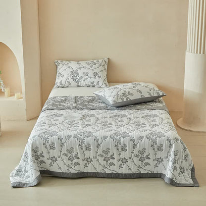 Wendebettwäsche-Set mit Zweig- und Blumenmuster - Grau - Steppdecke mit 2 Kissenbezügen - König - image 0