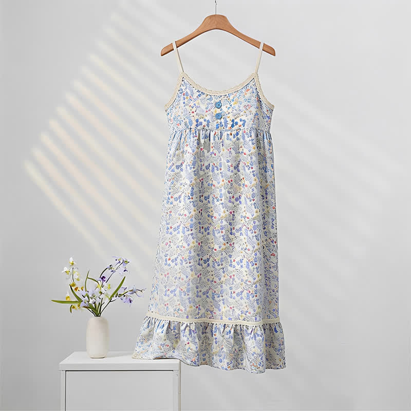 Ärmelloses Nachthemd mit Rüschen und blauem Blumenmuster - Blau - XXL - image 0