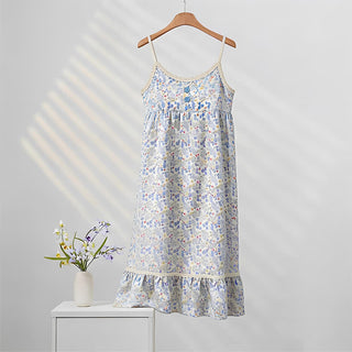 Ärmelloses Nachthemd mit Rüschen und blauem Blumenmuster - Blau - XXL - image 0