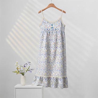 Ärmelloses Nachthemd mit Rüschen und blauem Blumenmuster - Blau - XXL - image 0
