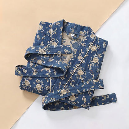 Indigoblauer Kimono-Bademantel mit Vintage-Blumenmuster - image 3