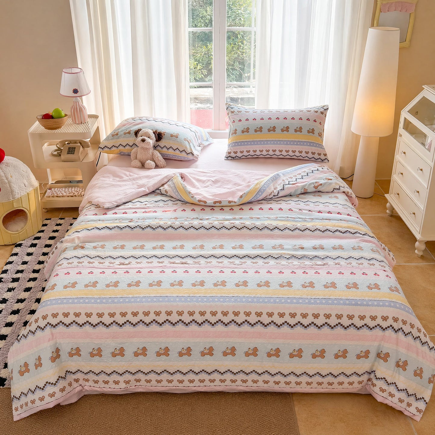Bettwäsche-Set aus gewaschener Baumwolle mit rosa Schleifenbär - Bunt - Königin - Bettwäsche-Set - image 0