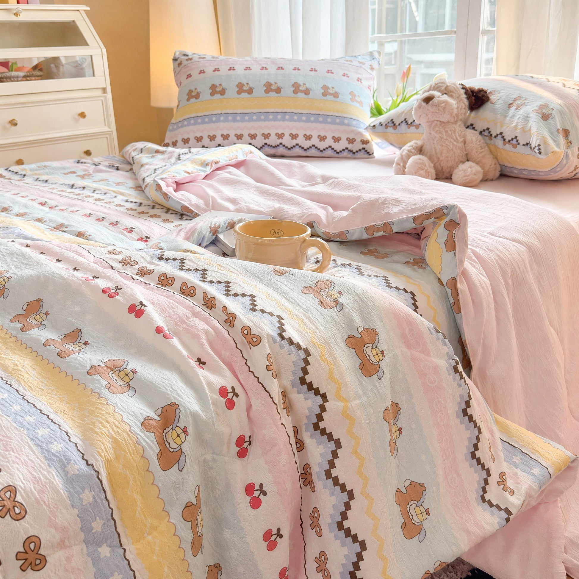 Bettwäsche-Set aus gewaschener Baumwolle mit rosa Schleifenbär - image 2