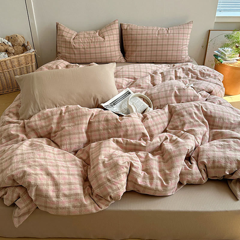 Bettwäsche-Set aus Baumwolle in zartem Rosa mit Vichy-Karo - Rosa & Braun - König - Spannbettlaken - image 0