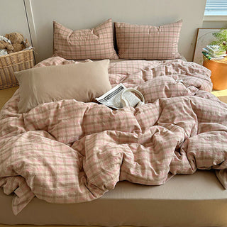 Bettwäsche-Set aus Baumwolle in zartem Rosa mit Vichy-Karo - Rosa & Braun - König - Spannbettlaken - image 0
