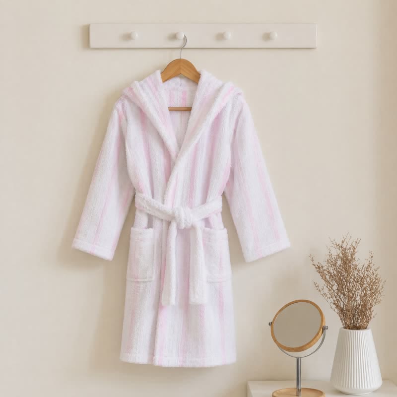 Rosa gestreifter Baumwollbademantel mit Kapuze für Kinder - Rosa - Kindergröße: 140-155 cm (55-61 Zoll) - image 0