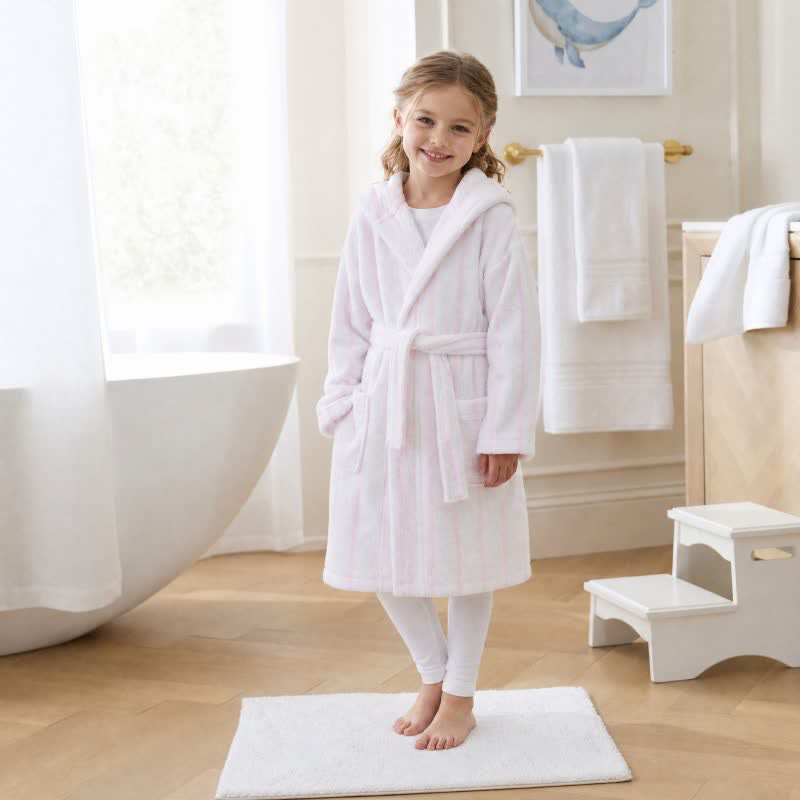 Rosa gestreifter Baumwollbademantel mit Kapuze für Kinder - image 1