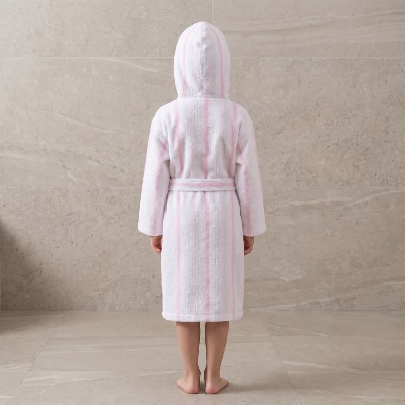 Rosa gestreifter Baumwollbademantel mit Kapuze für Kinder - image 2