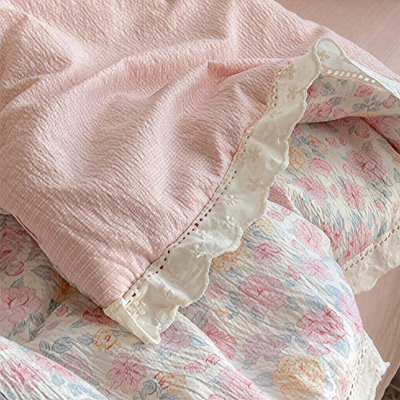Sommer-Bettwäsche-Set mit Rüschenspitze in zartem Rosa - image 2