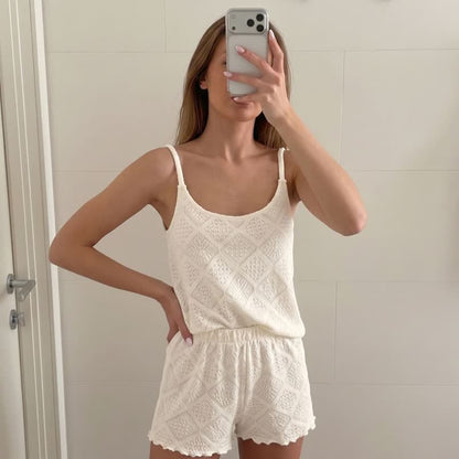 Beige Jacquard Cami Shorts Pyjama-Set - image 1
