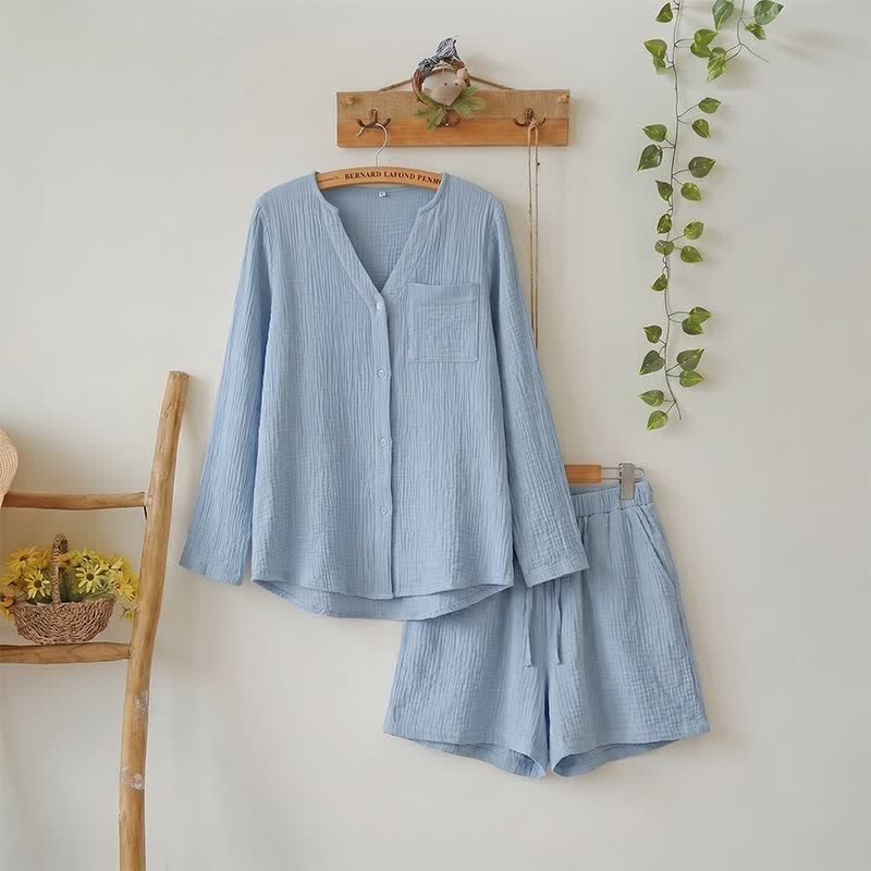 Pyjama-Set aus langärmeligem Oberteil und Shorts - Blau - L - image 0