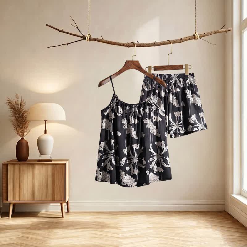 Schwarzes Pyjama-Set mit geblümtem Cami-Shorts - image 3