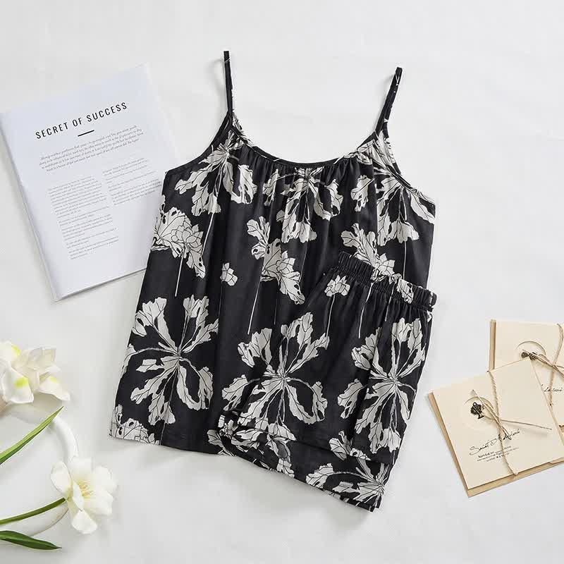 Schwarzes Pyjama-Set mit geblümtem Cami-Shorts - image 1