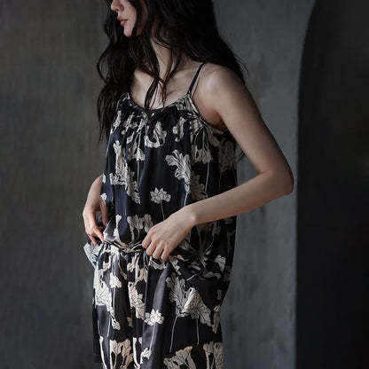 Schwarzes Pyjama-Set mit geblümtem Cami-Shorts - image 5
