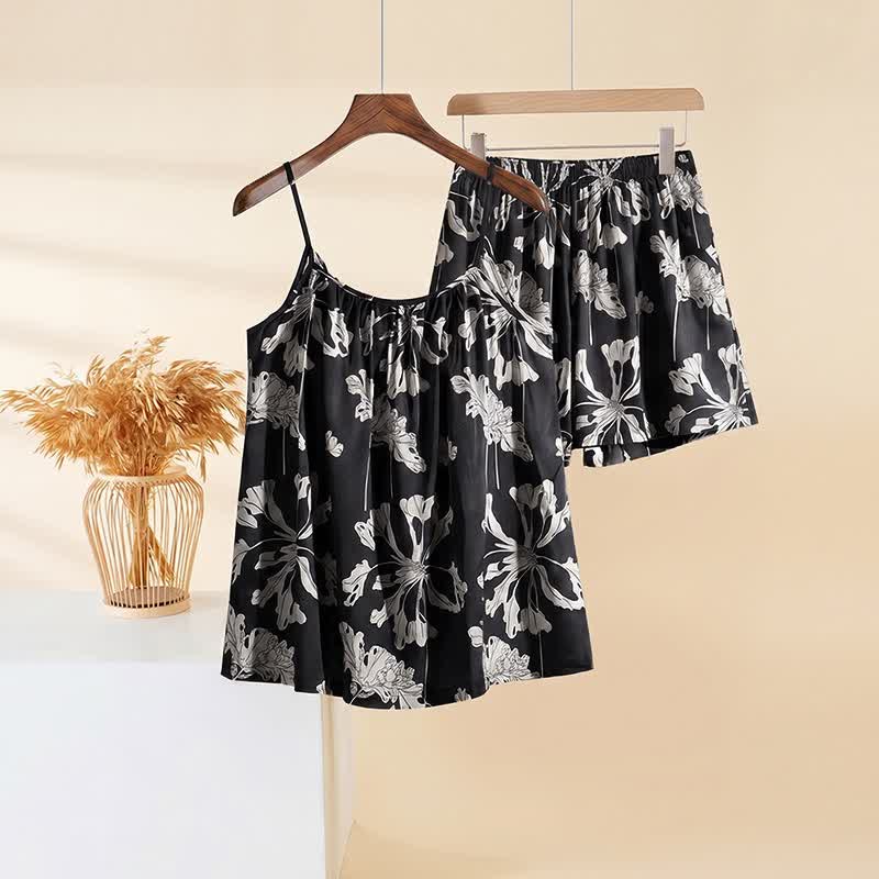 Schwarzes Pyjama-Set mit geblümtem Cami-Shorts - image 2