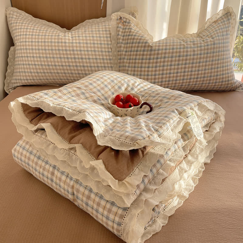 Sommerbettwäsche-Set aus braunem Karomuster mit Rüschen und Spitze - Braun - Königin - Bettwäsche-Set - image 0