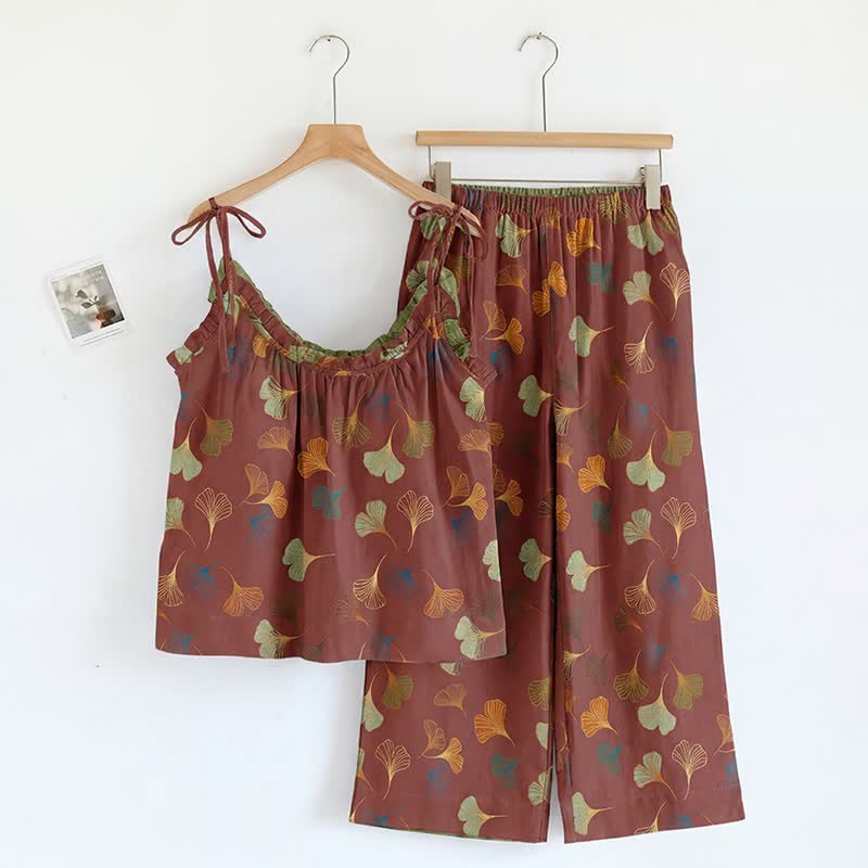 Ginkgo Pyjama-Set mit Camisole-Top und Hose - Wein & Grün - XL - image 4