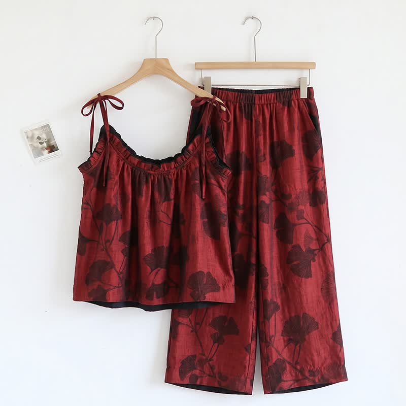 Elegantes Ginkgo-Baumwoll-Pyjama-Set - Rot & Schwarz - XL - image 3