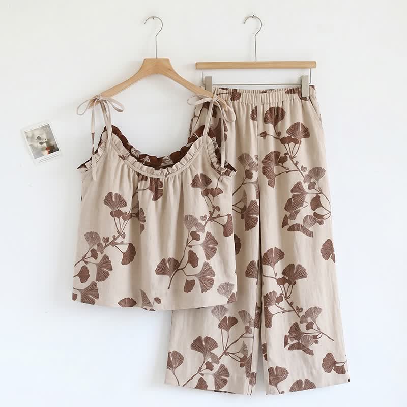 Elegantes Ginkgo-Baumwoll-Pyjama-Set - Beige & Kaffee - XL - image 6
