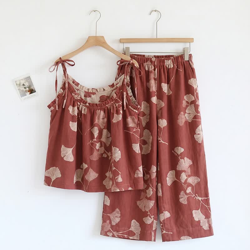 Elegantes Ginkgo-Baumwoll-Pyjama-Set - Rot & Nude - XL - image 0