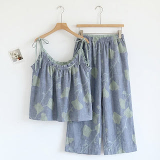 Ginkgo-Blatt-Pyjama-Set mit Rüschen und Cami-Oberteil - Blau & Hellgrün - XL - image 0
