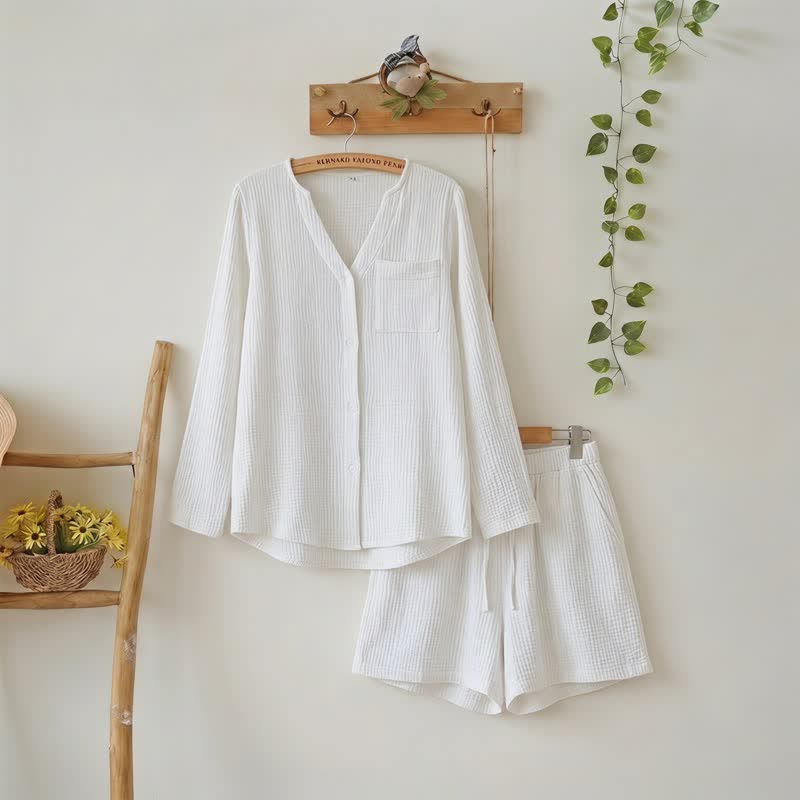 Pyjama-Set aus langärmeligem Oberteil und Shorts - Weiß - L - image 2